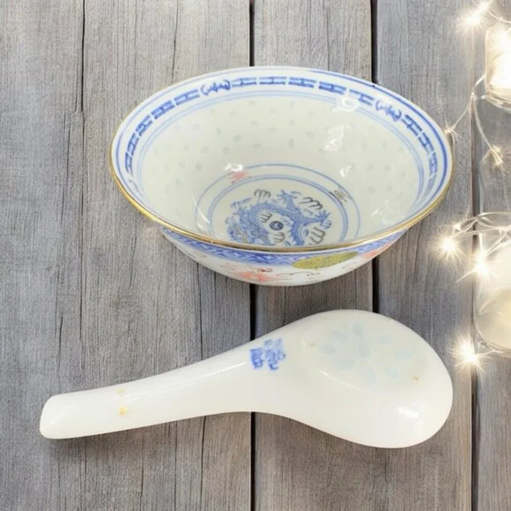 Vintage Chinese‎ Porcelain Rice Grain Bowl And Spoon Decorated Bowl With Sticker